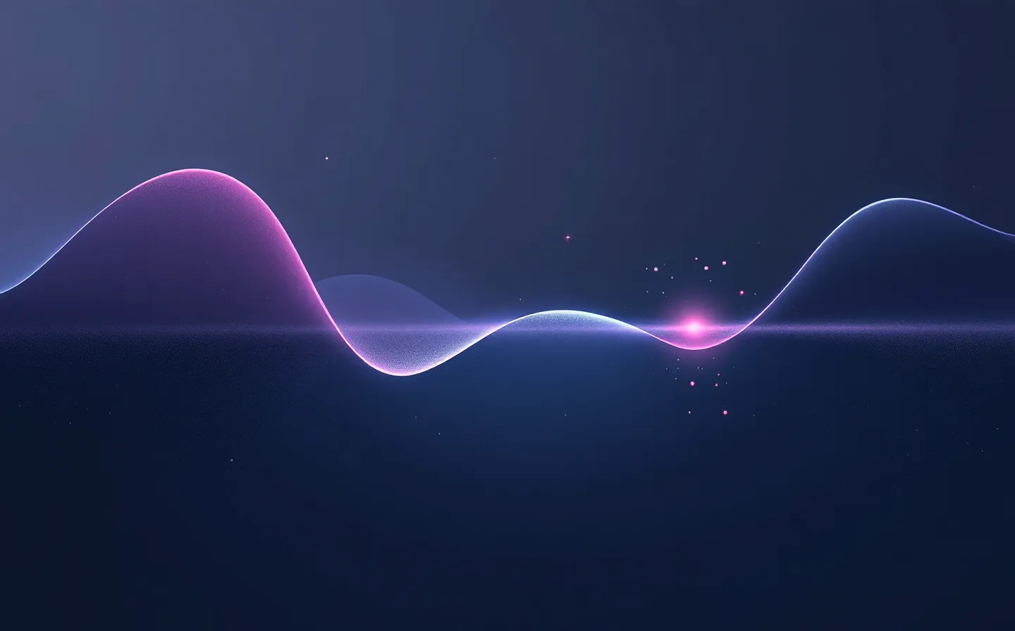 Abstract blurple waveform settling from chaotic to calm with a soft seven-node peptide chain on a charcoal background
